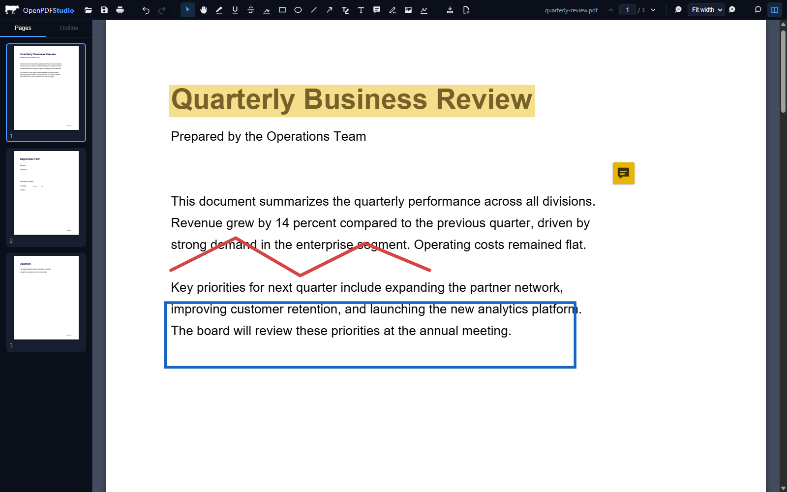OpenPDF Studio free online PDF editor with a highlighted heading, freehand ink, a comment note, and page thumbnails